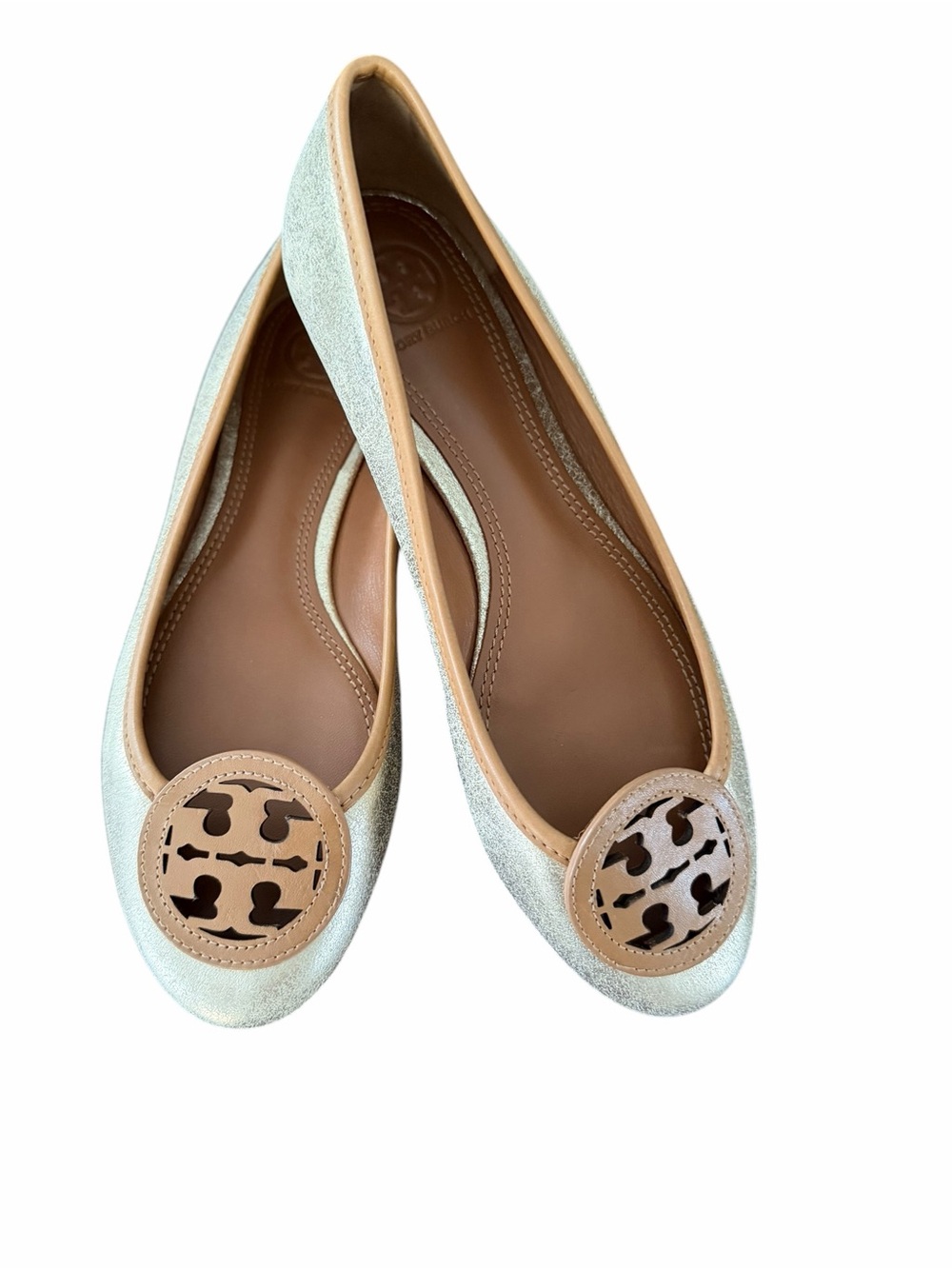 Tory Burch Gold Leather Logo Round-Toe Ballet Flats